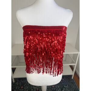Womens Sequin Fringe Strapless Wrap Tie Festival Rave Chery Red Dancewear Top